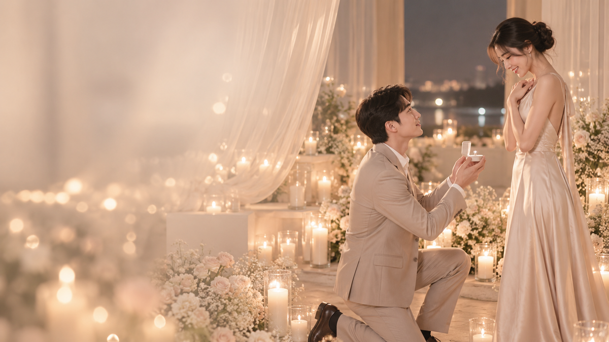 คู่รักเอเชียขอแต่งงานท่ามกลางแสงเทียน